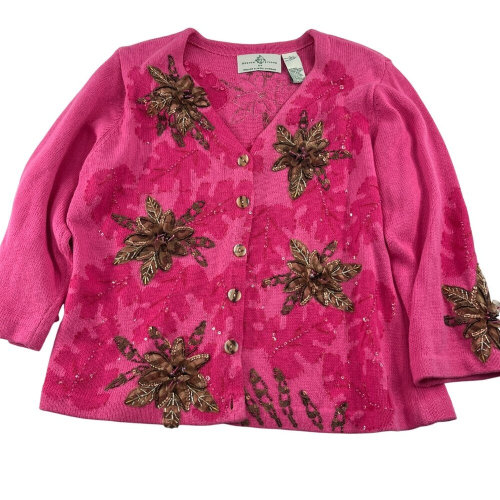 Design Options Philip & Jane Gordon Pink Floral Embroidered Cardigan Sz Large